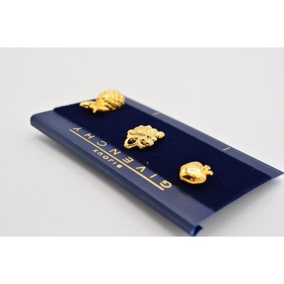 Givenchy Vintage Logo Pin Lapels Tac Set 4G Logo Fruit Grapes Apple Signed BinAJ - Picture 8 of 12